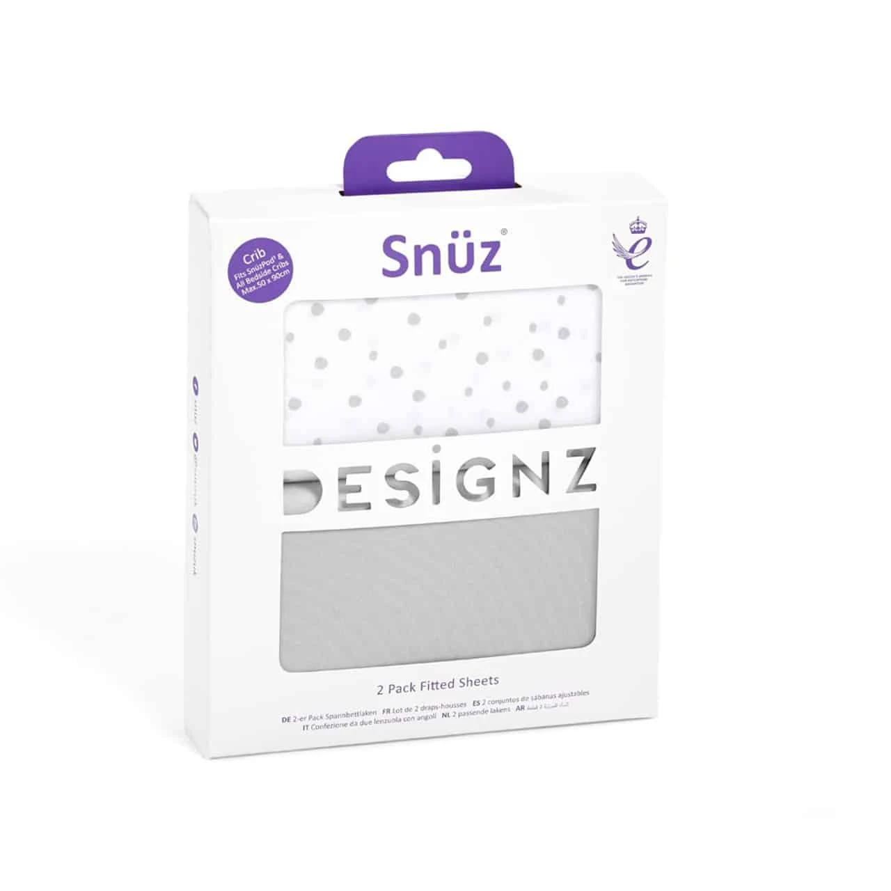 Snuz Crib 2 Pack Fitted Sheets Grey Spot - Image 2