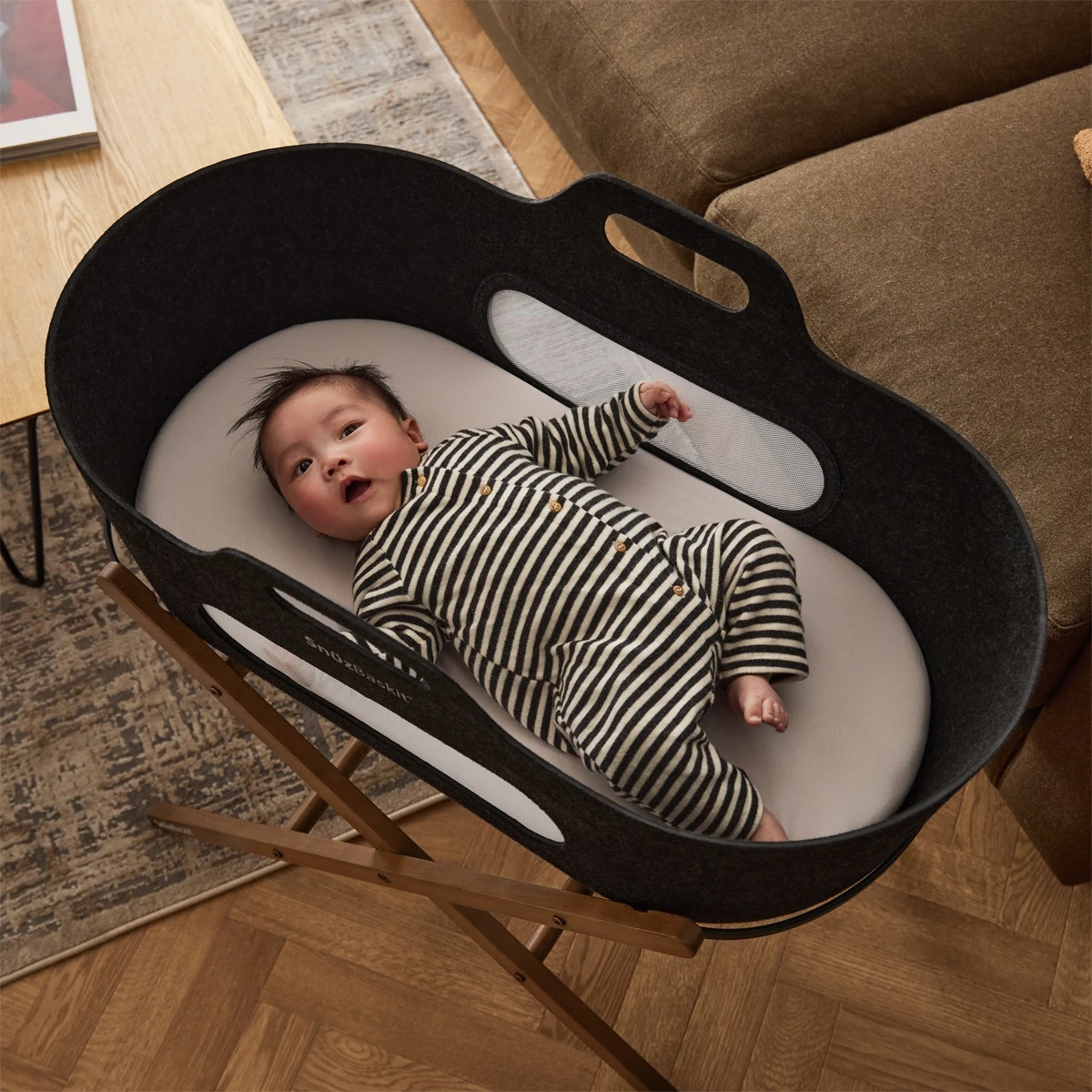 SnuzBaskit Graphite Moses Basket & Walnut Stand - Image 3